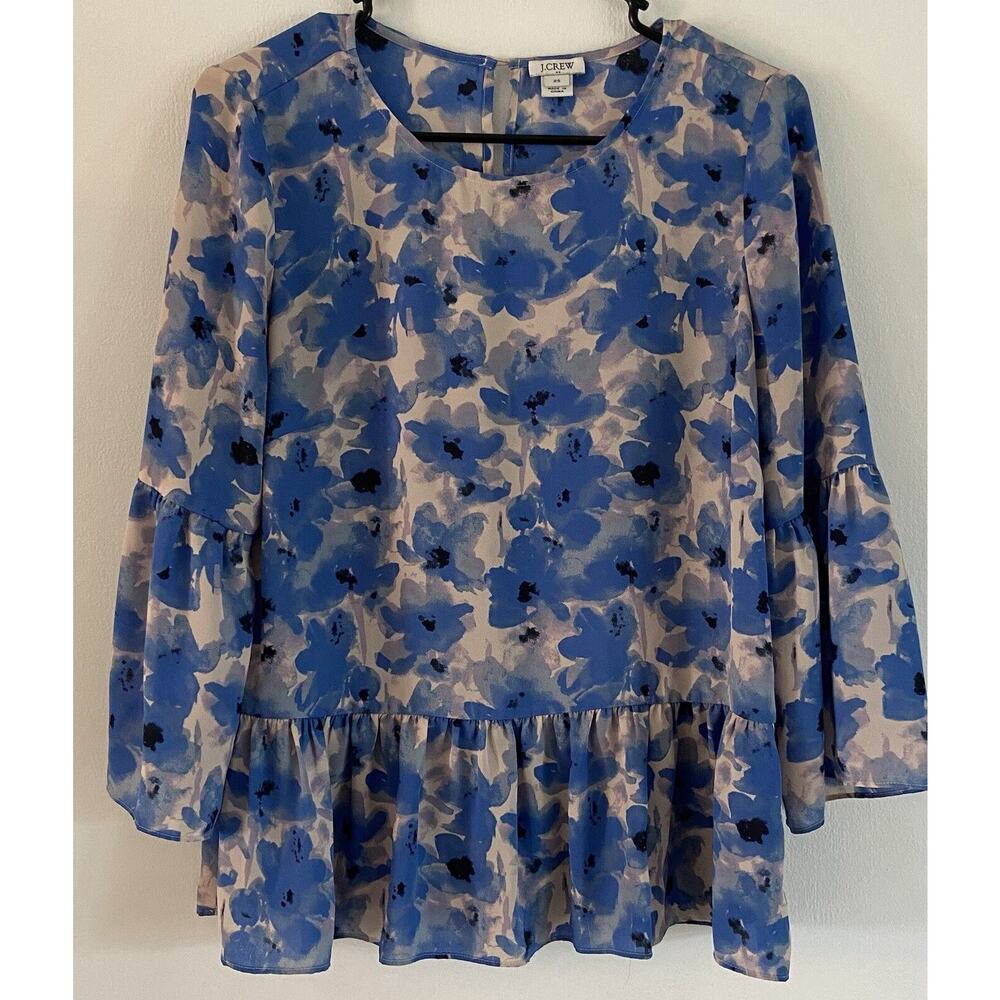 J Crew Silky Blue Floral Bell Sleeve Peplum Top in Meadow Print Women's Size XS